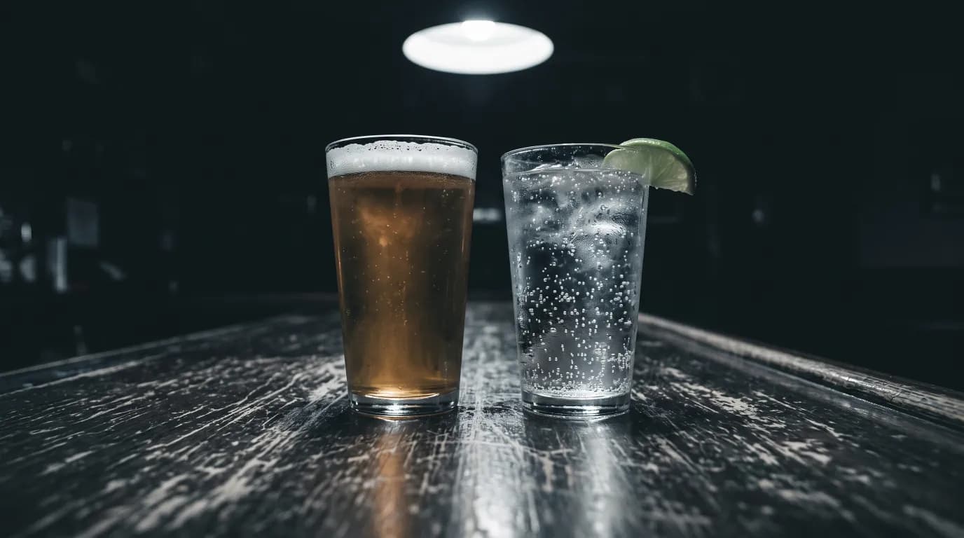 A pint of beer and a sparkling water side by side on a dark bar