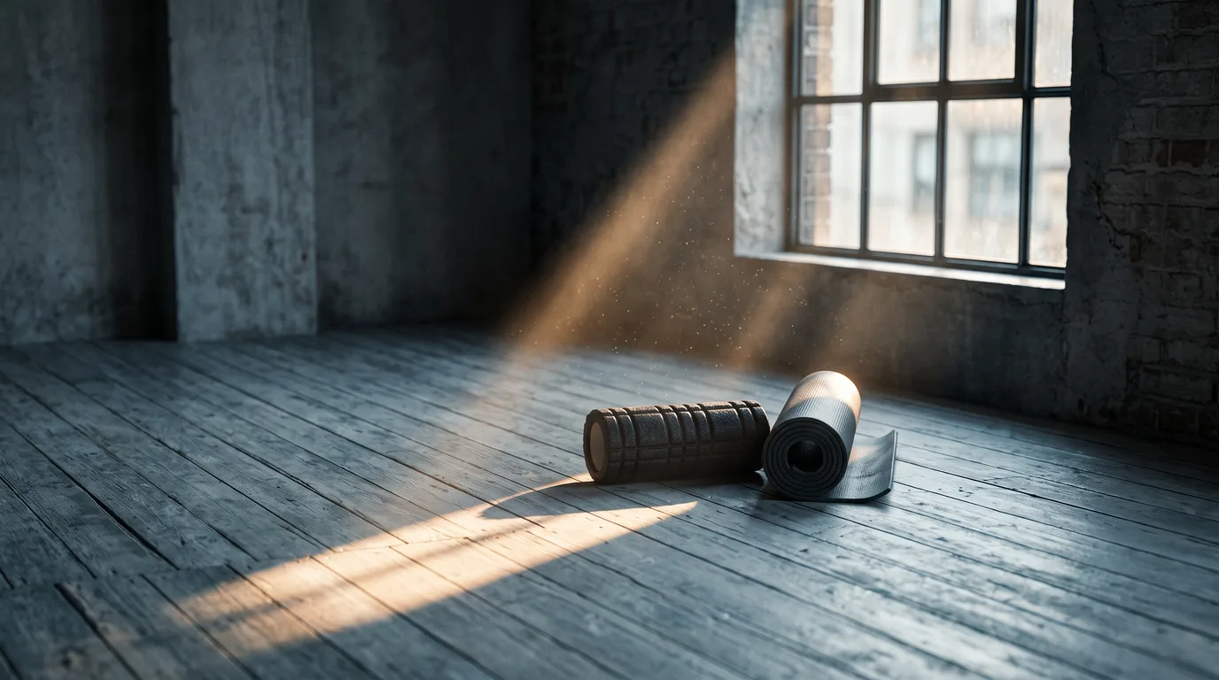 A foam roller and mat beside a window