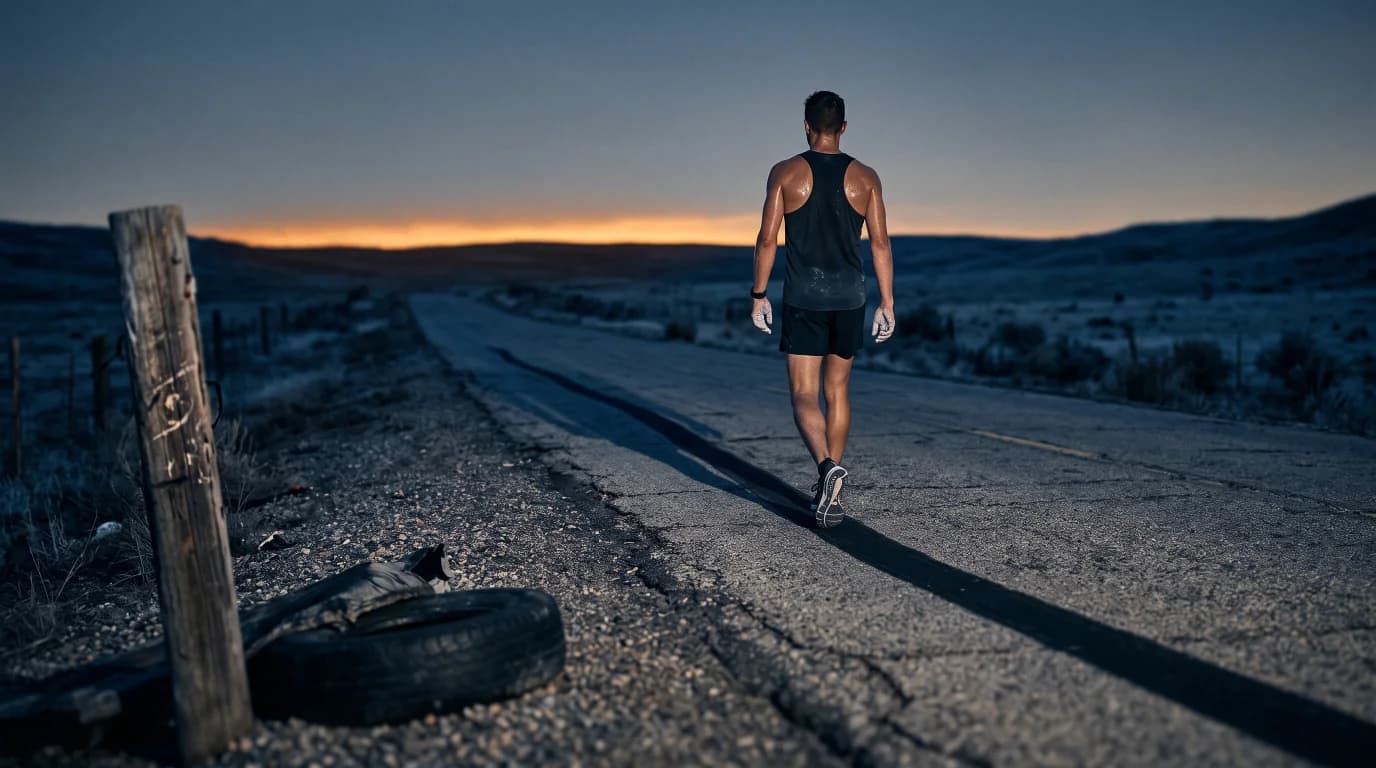 Figure with chalked hands walking away down an open road at dusk, long shadow behind