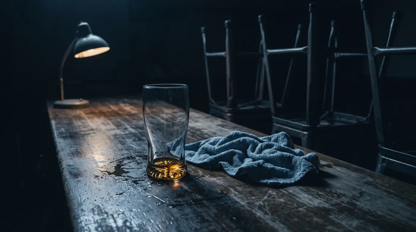 An empty pint glass on a bar counter after closing