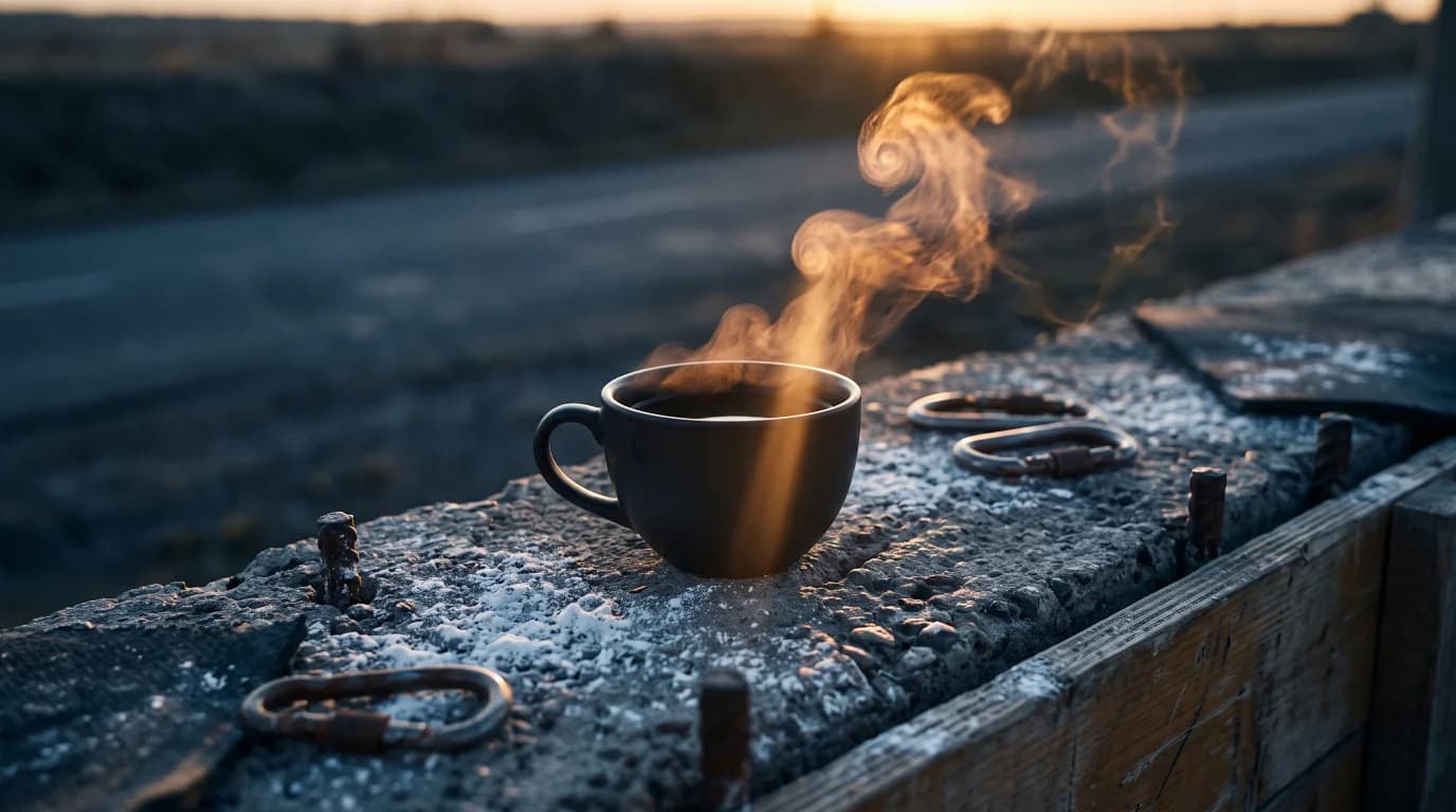 Steaming black coffee on a concrete ledge at dawn, road behind in blue shadow