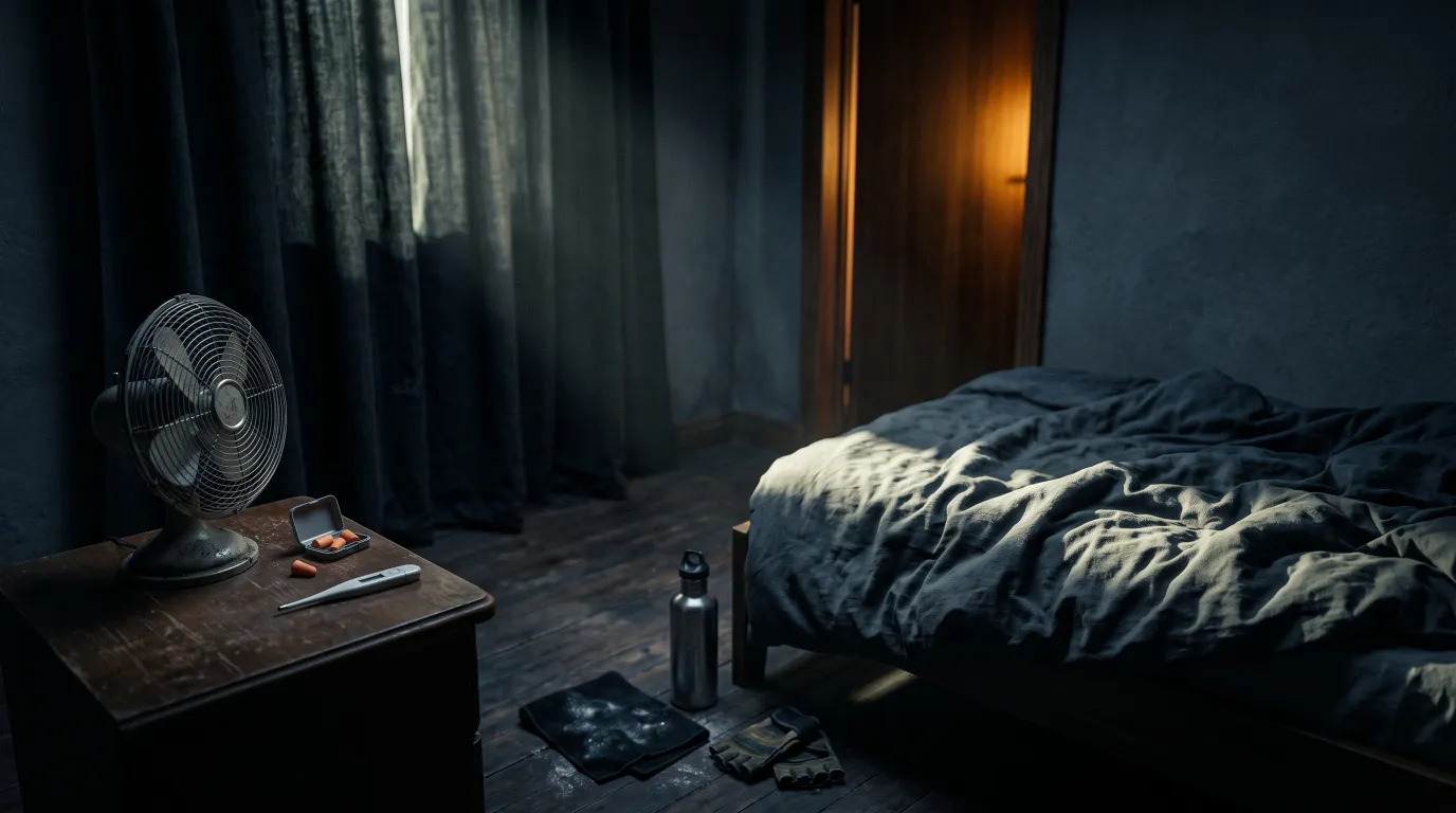 A dark bedroom with heavy curtains drawn