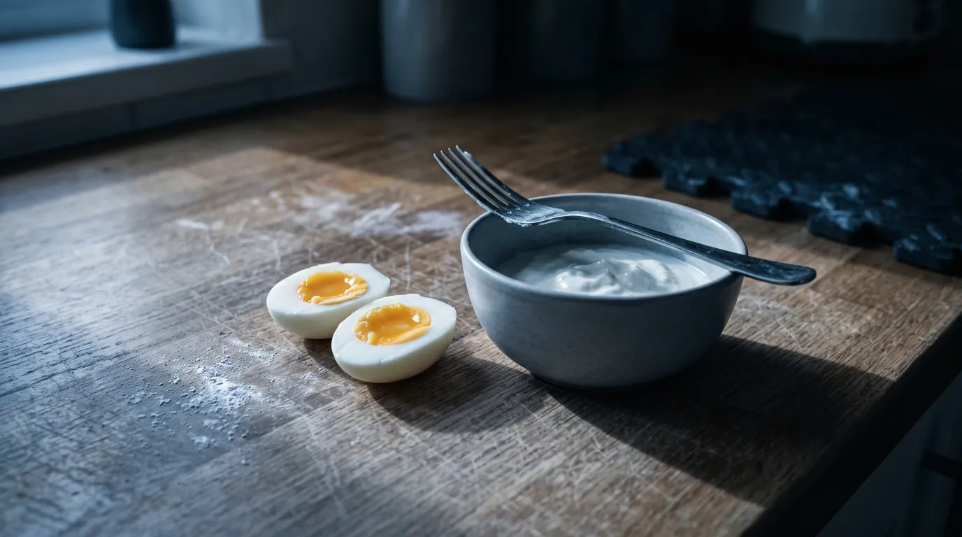 Eggs and yoghurt on a kitchen worktop at first light