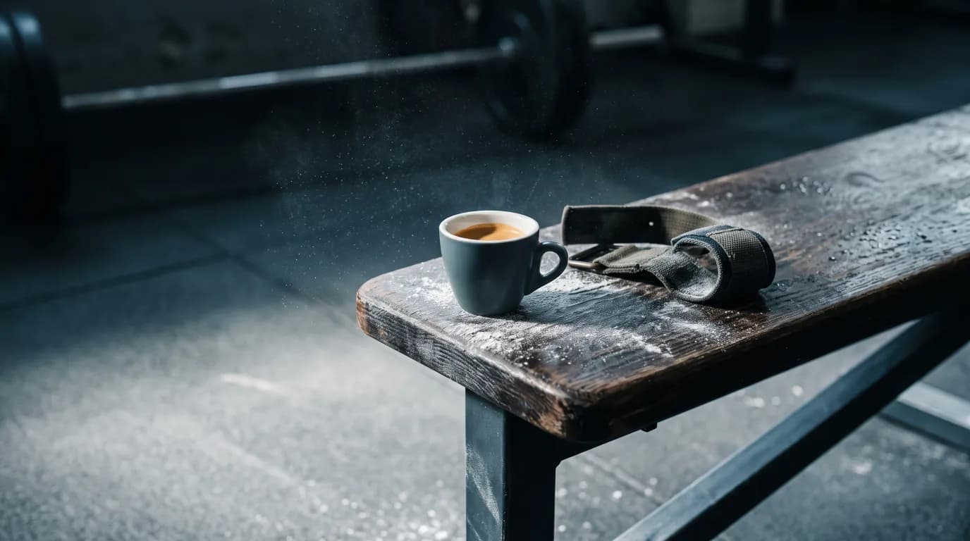 An espresso cup on a chalk-dusted gym bench