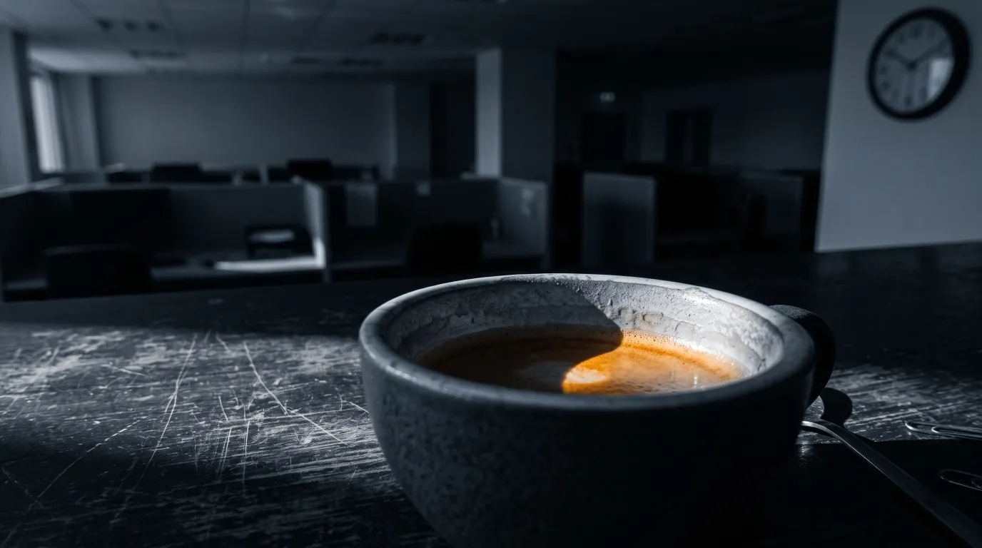 A half-finished coffee on a desk in late afternoon light
