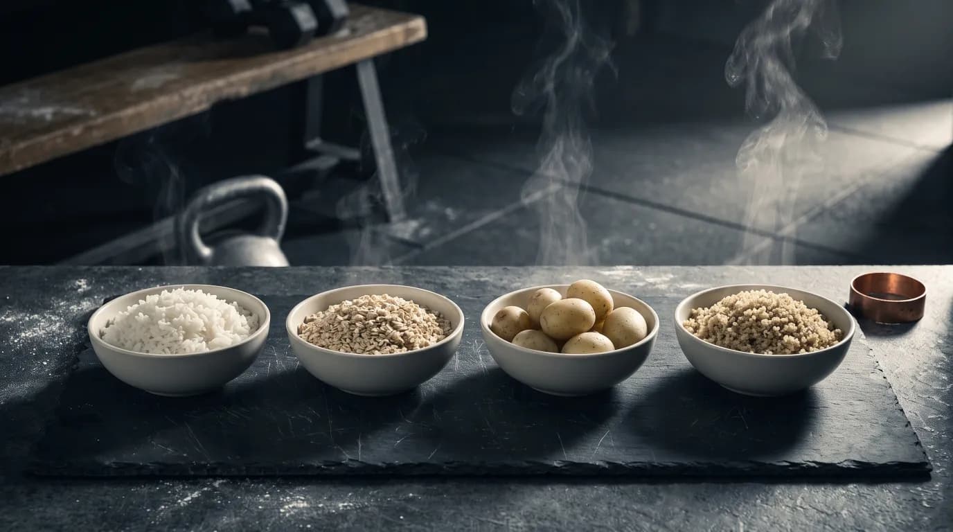 Bowls of cooked rice, oats, potato and quinoa in a row