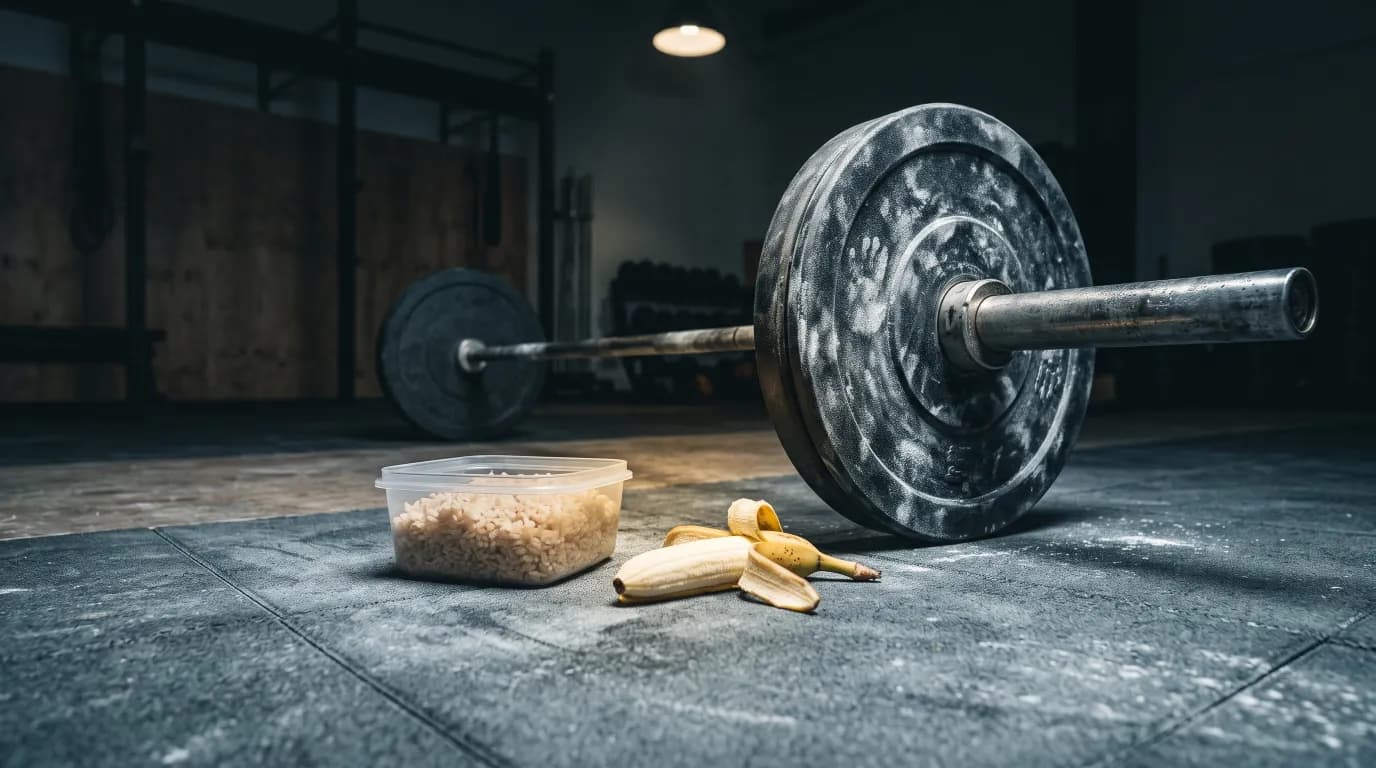 A rice container and a banana beside a loaded barbell