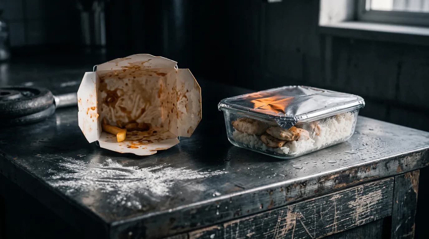 A takeaway box beside a prepped meal container on a counter