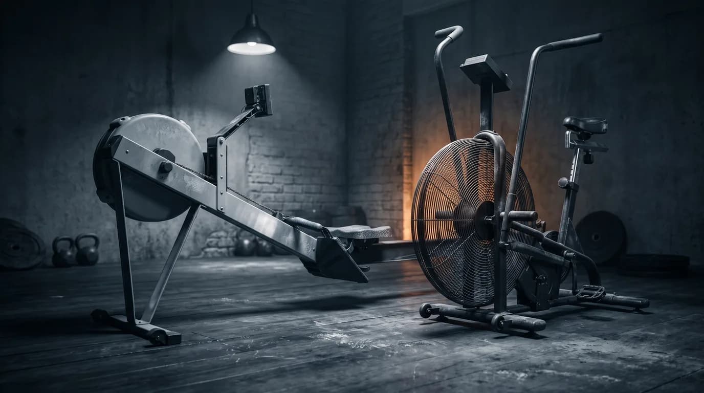 A rowing machine and an air bike in a dark gym corner