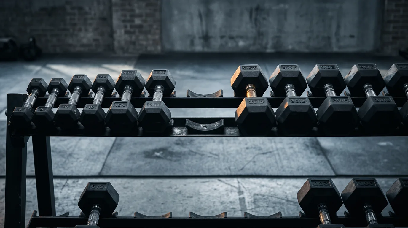 A rack of dumbbells with one pair missing