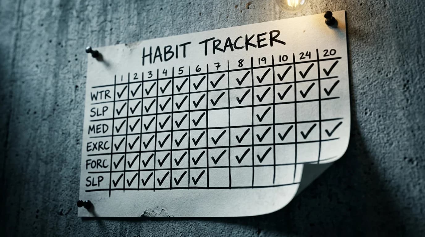 Paper habit-tracker grid pinned to a wall, mostly ticked with a few blank boxes