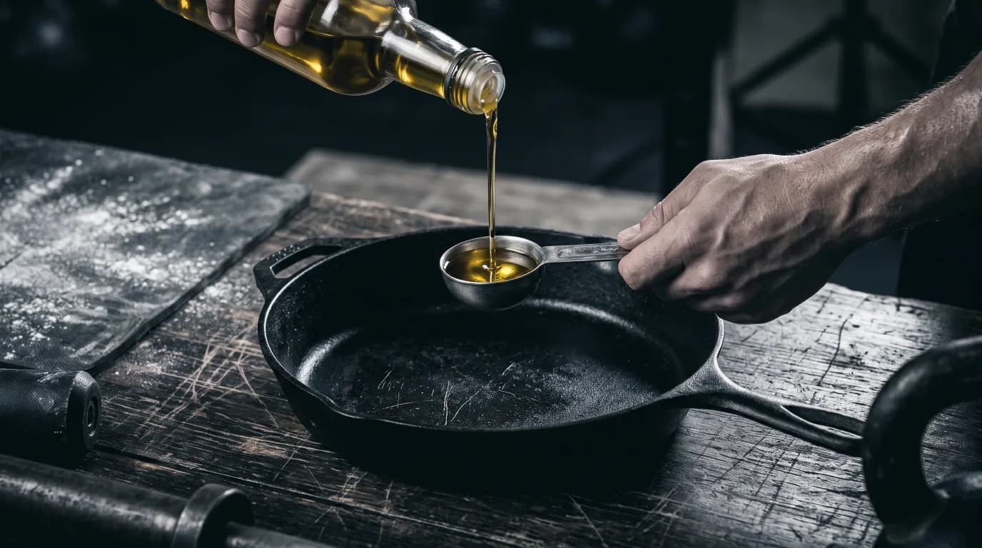 Oil being poured into a measuring spoon over a dark pan