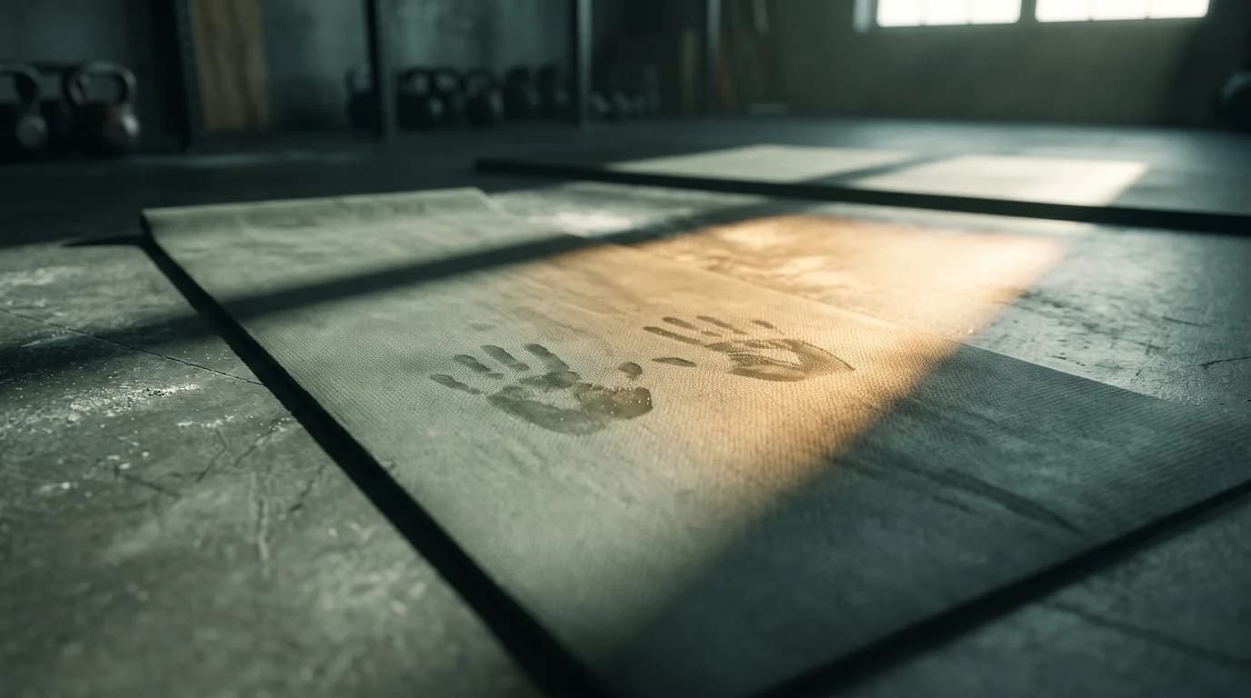 An exercise mat on a studio floor with sweat marks