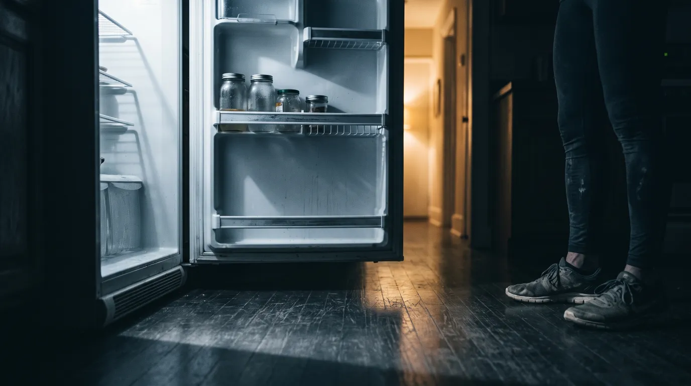 An open fridge door lighting a dark kitchen at night