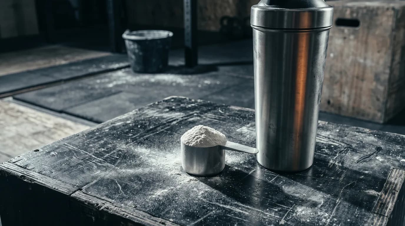 A scoop of white powder on a dark worktop beside a shaker