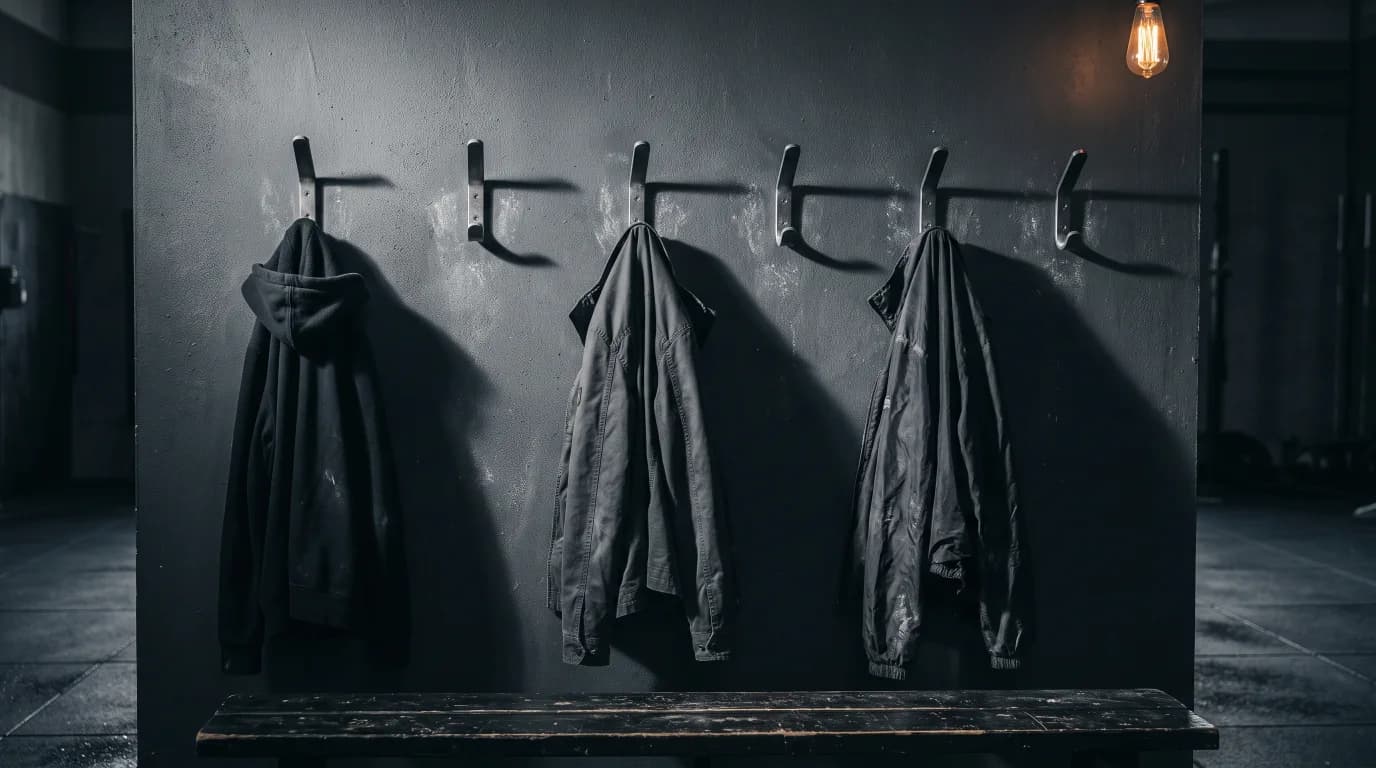 Six wall hooks with only three coats hanging on them