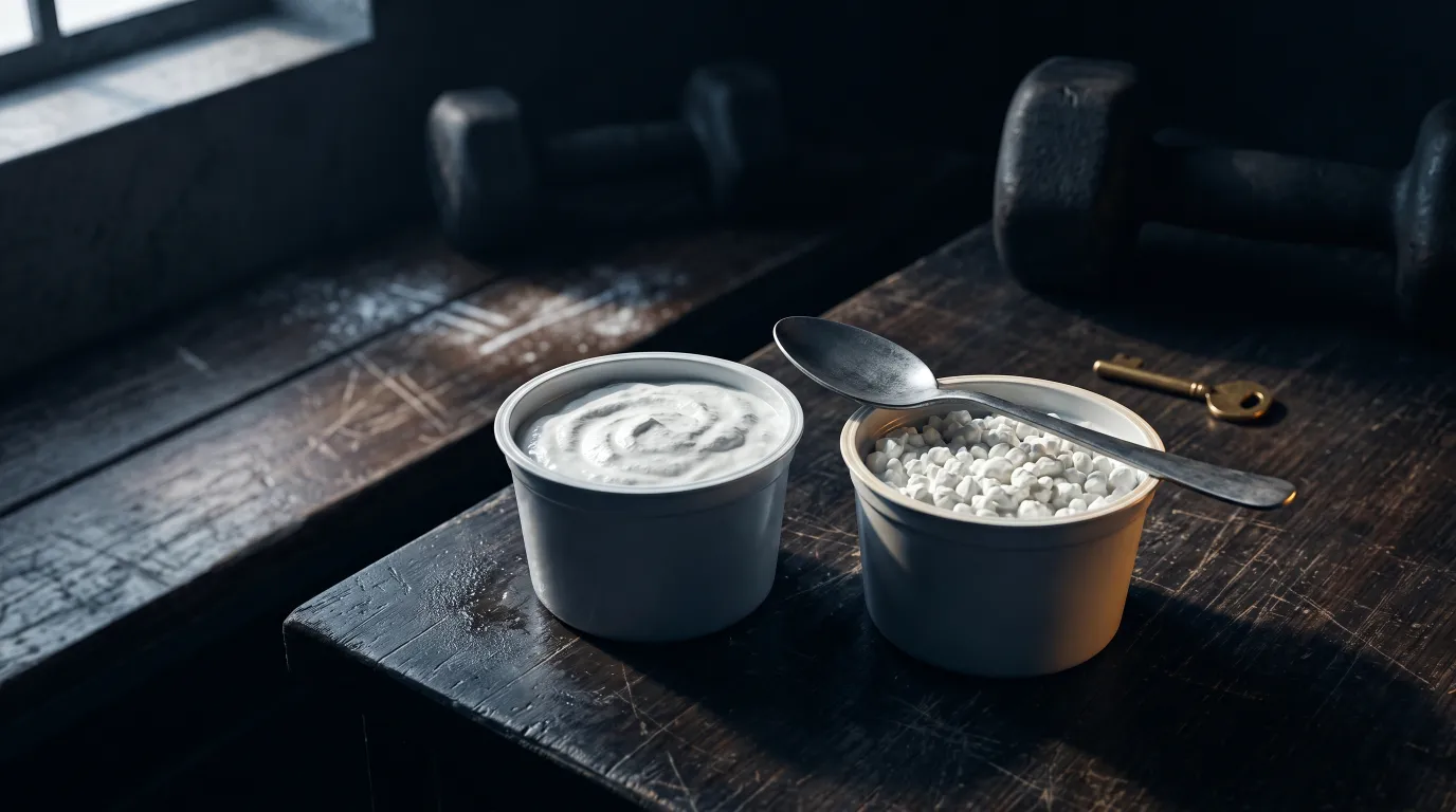 Open tubs of yogurt and cottage cheese with a spoon