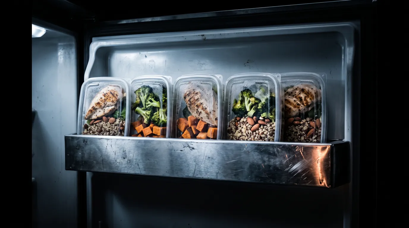 Identical prepped meal containers lined up on a fridge shelf