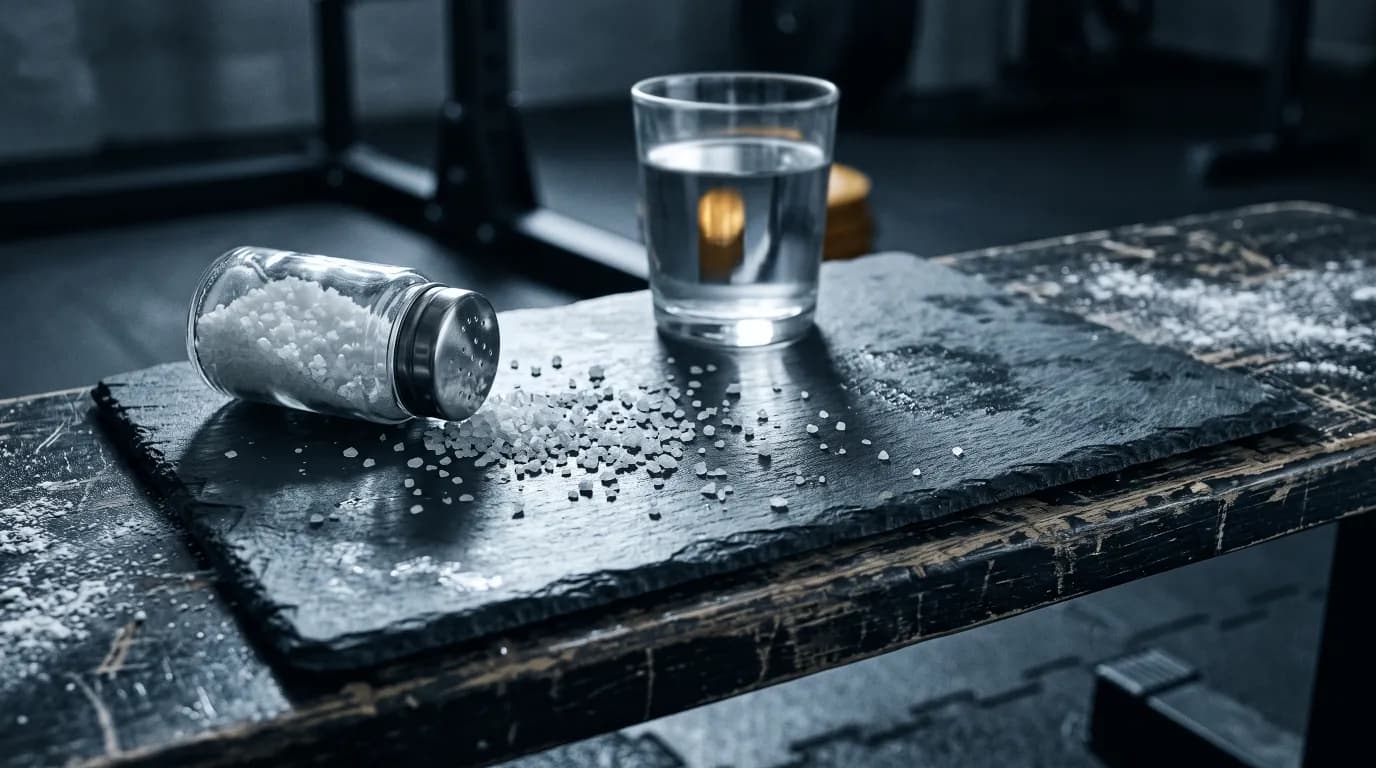 Salt spilled beside a glass of water on dark slate