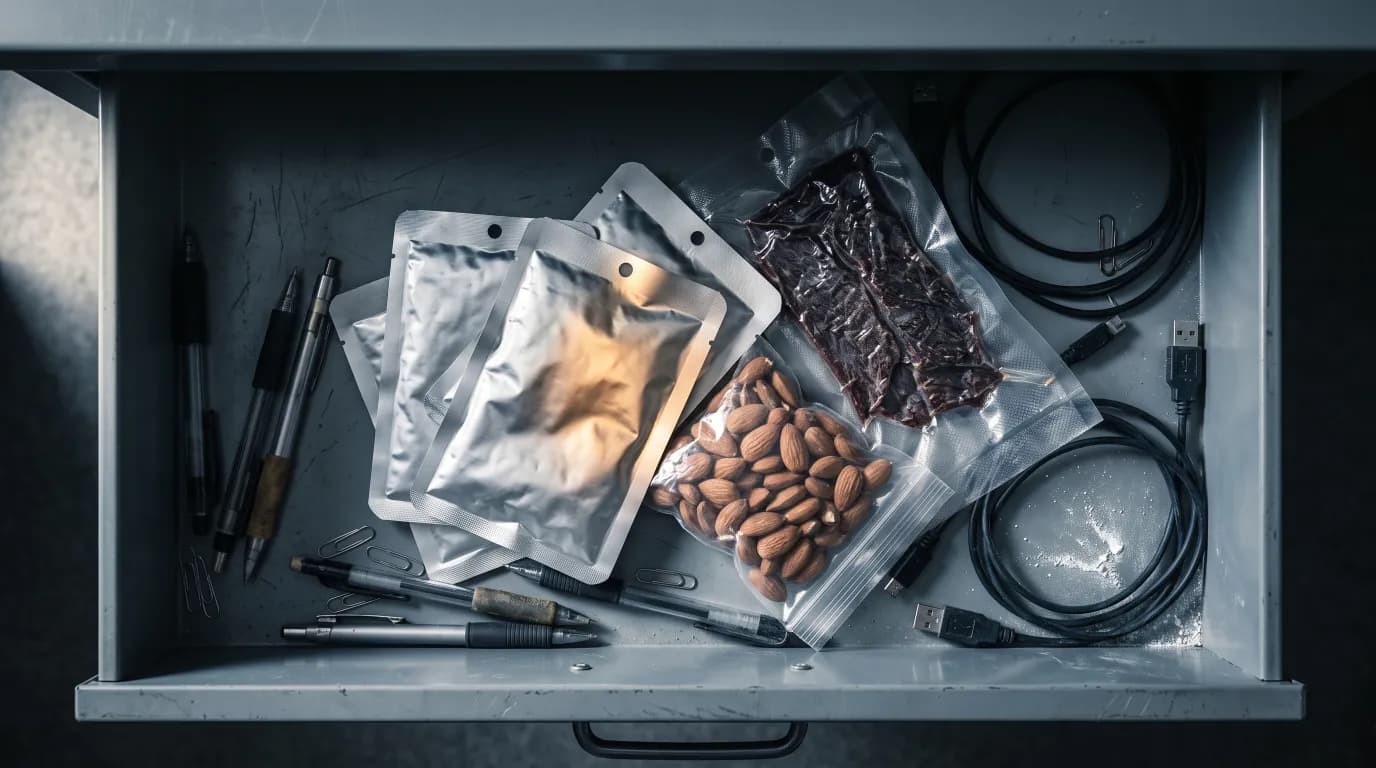 Tinned fish, jerky and nuts in an open desk drawer