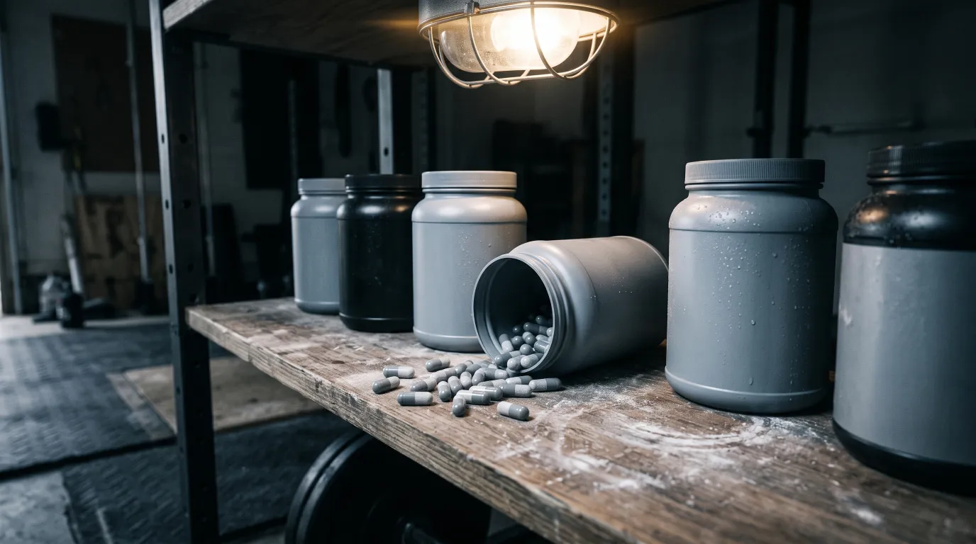 Unlabelled supplement tubs lined up on a dusty shelf