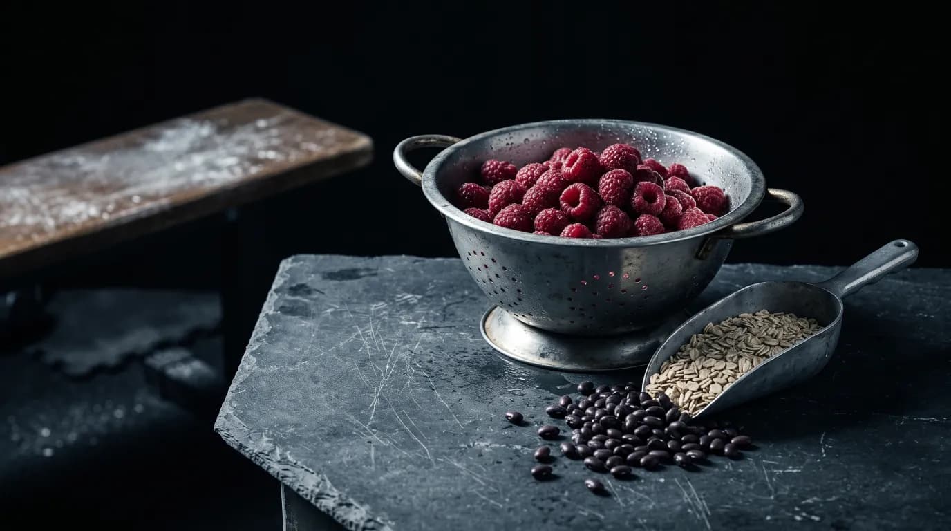 Raspberries, oats and cooked beans in a colander