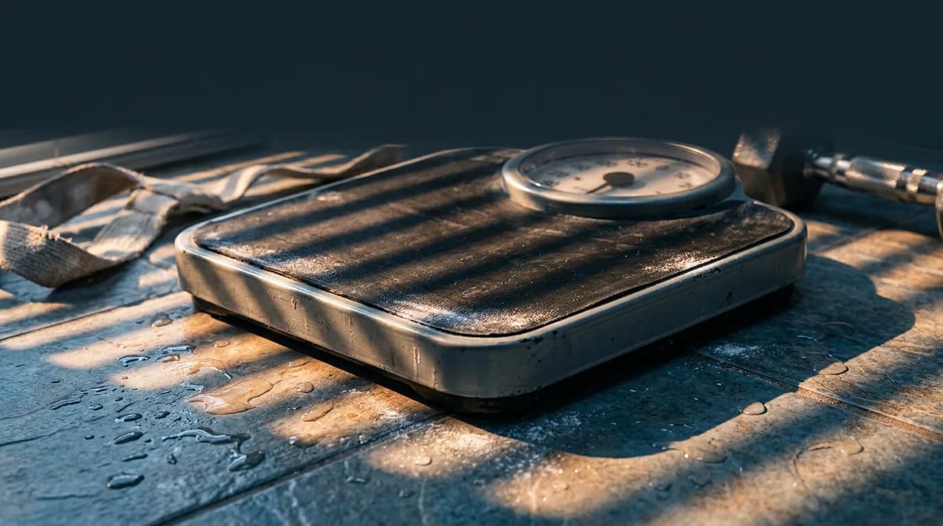 A bathroom scale on cold tiles scattered with water droplets