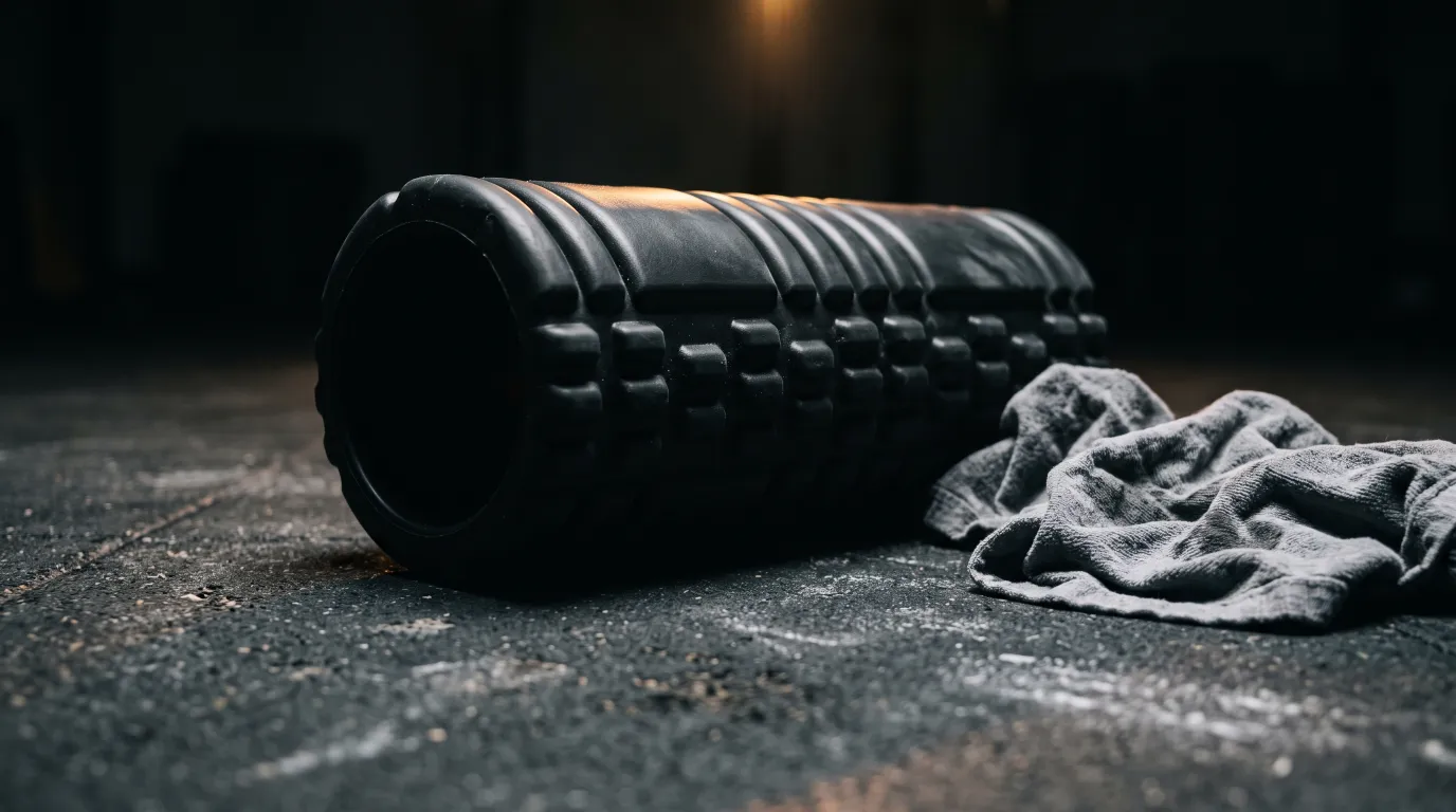 A foam roller on a gym floor beside a towel