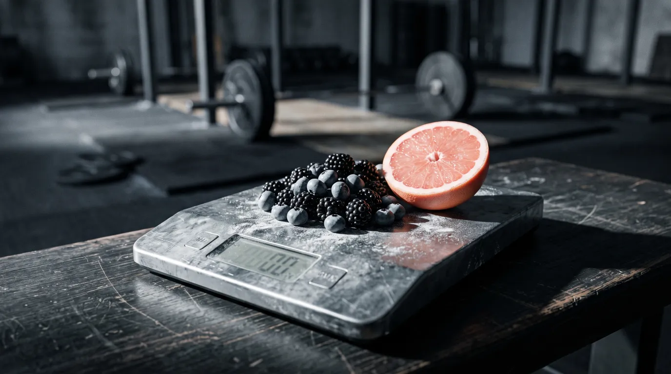Berries and a halved grapefruit on a kitchen scale