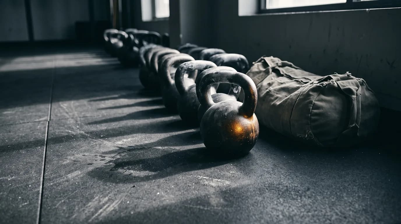 Kettlebells and a sandbag laid out on gym flooring