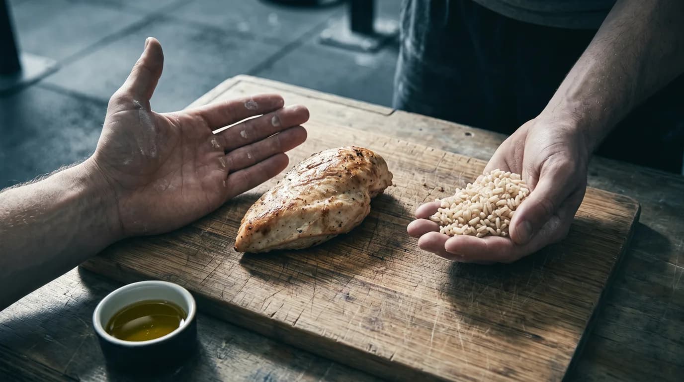 An open palm beside a cooked chicken breast on a board