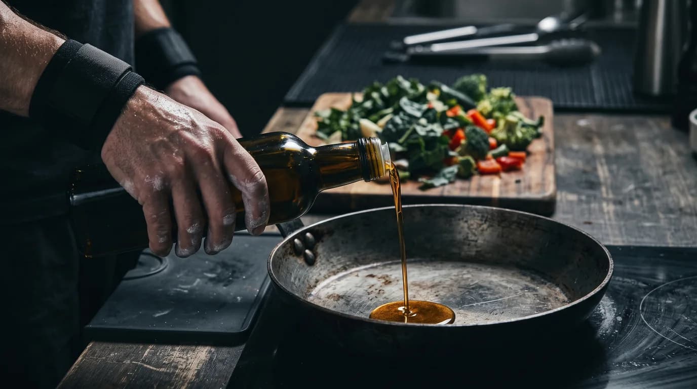 Oil pouring into a dark pan, chopped vegetables behind