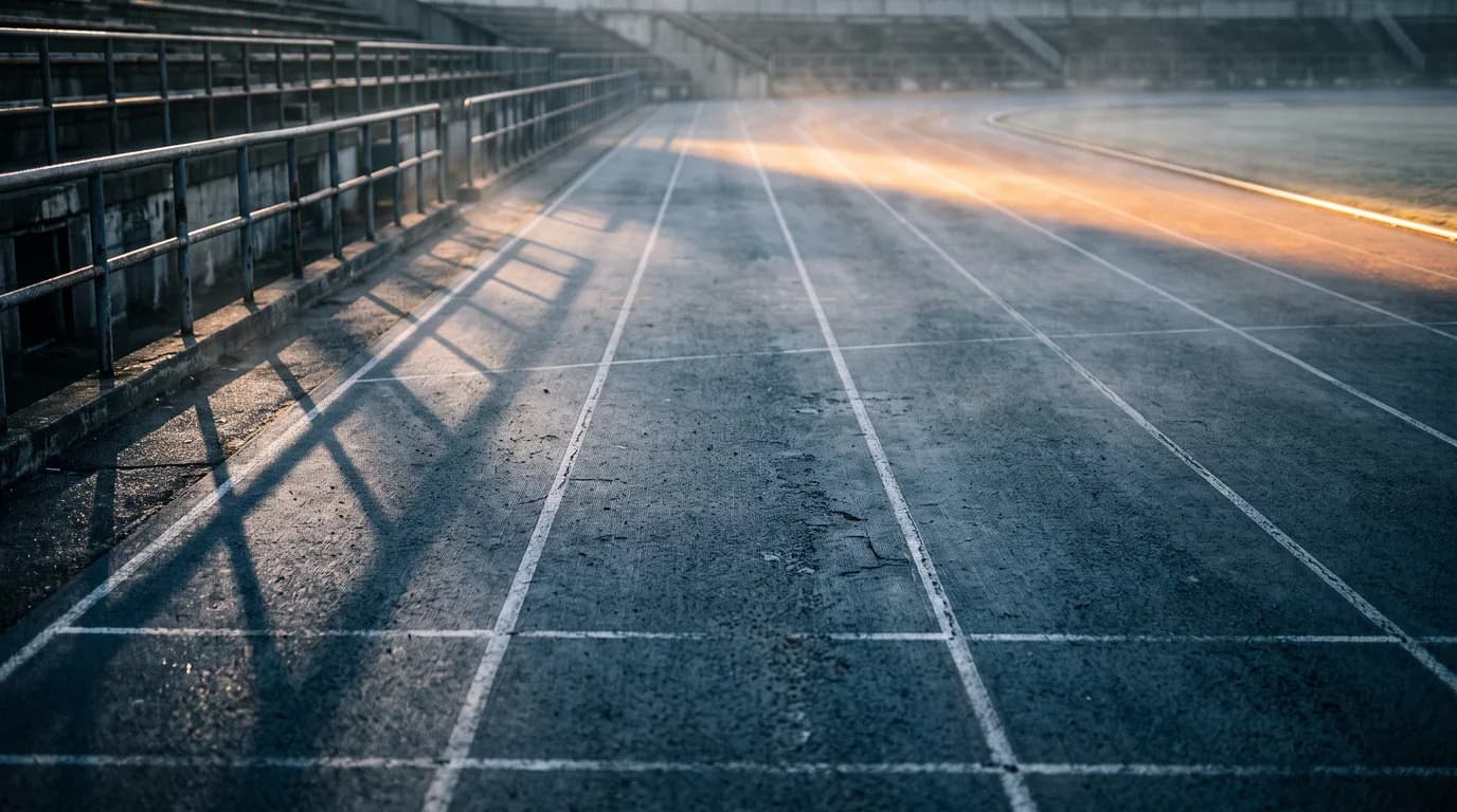 An empty running track at first light