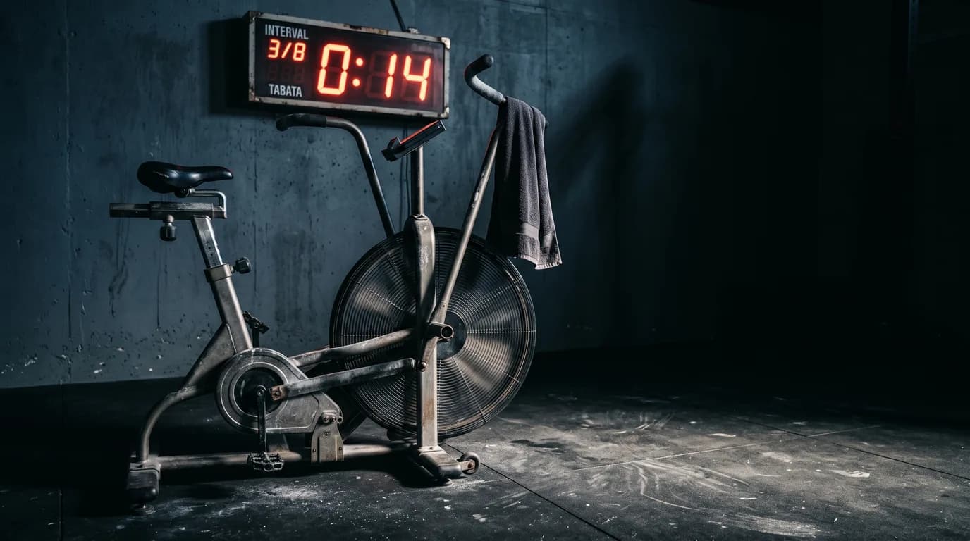 An interval timer mounted above an air bike