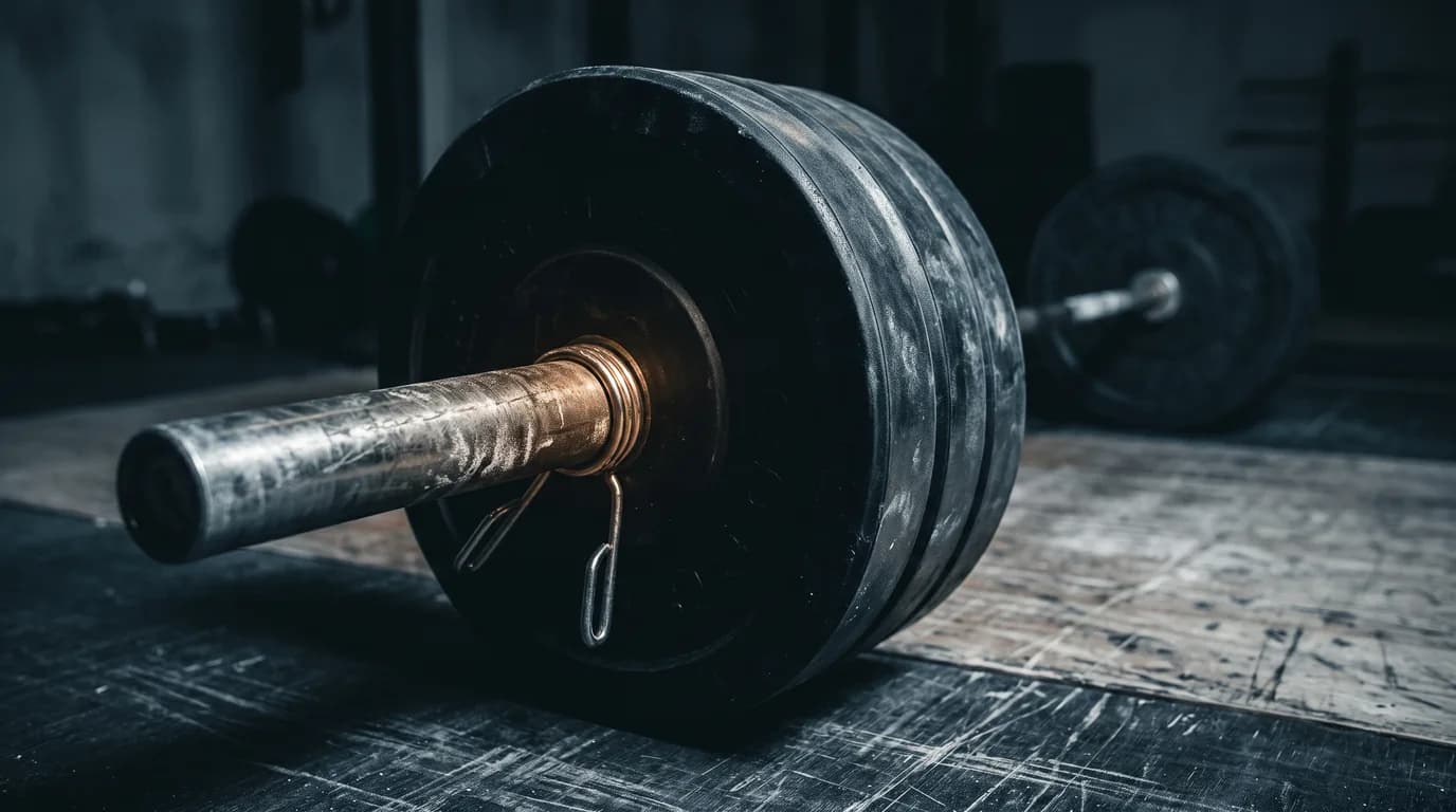 A loaded barbell resting on a lifting platform