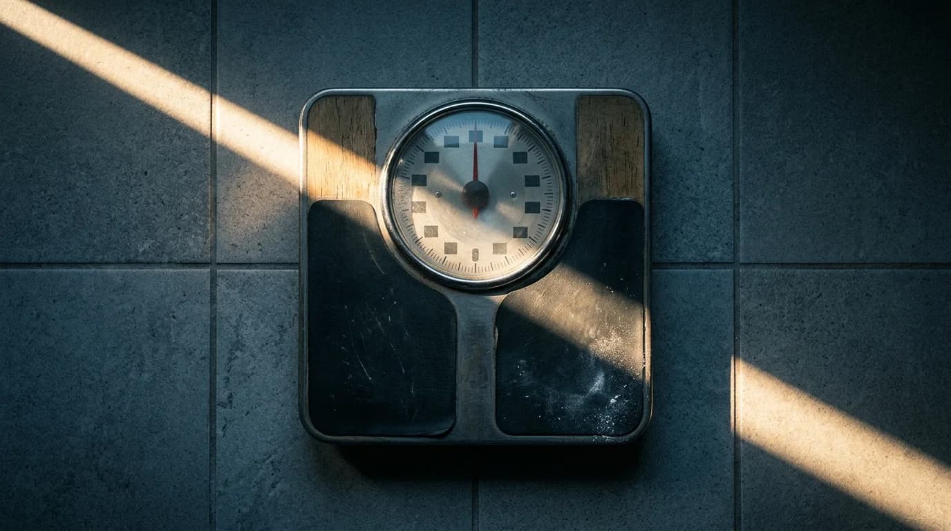Analog bathroom scale on grey tile from directly above, morning light in a hard diagonal