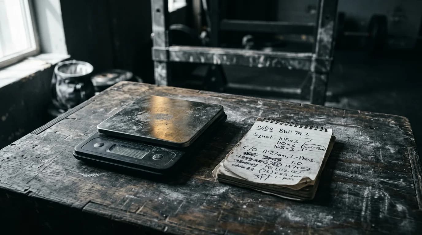A kitchen scale and a notebook of crossed-out numbers on a worktop