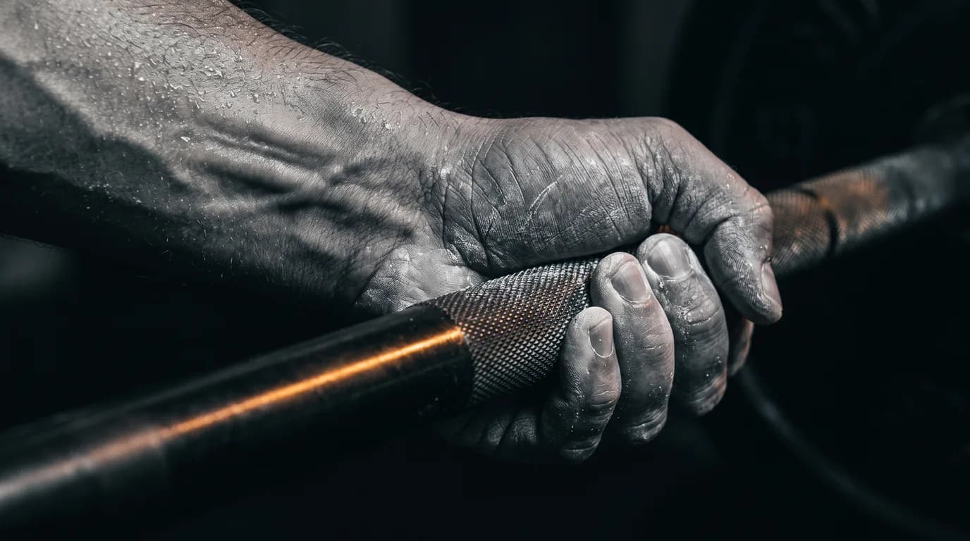A chalked hand gripping a knurled barbell