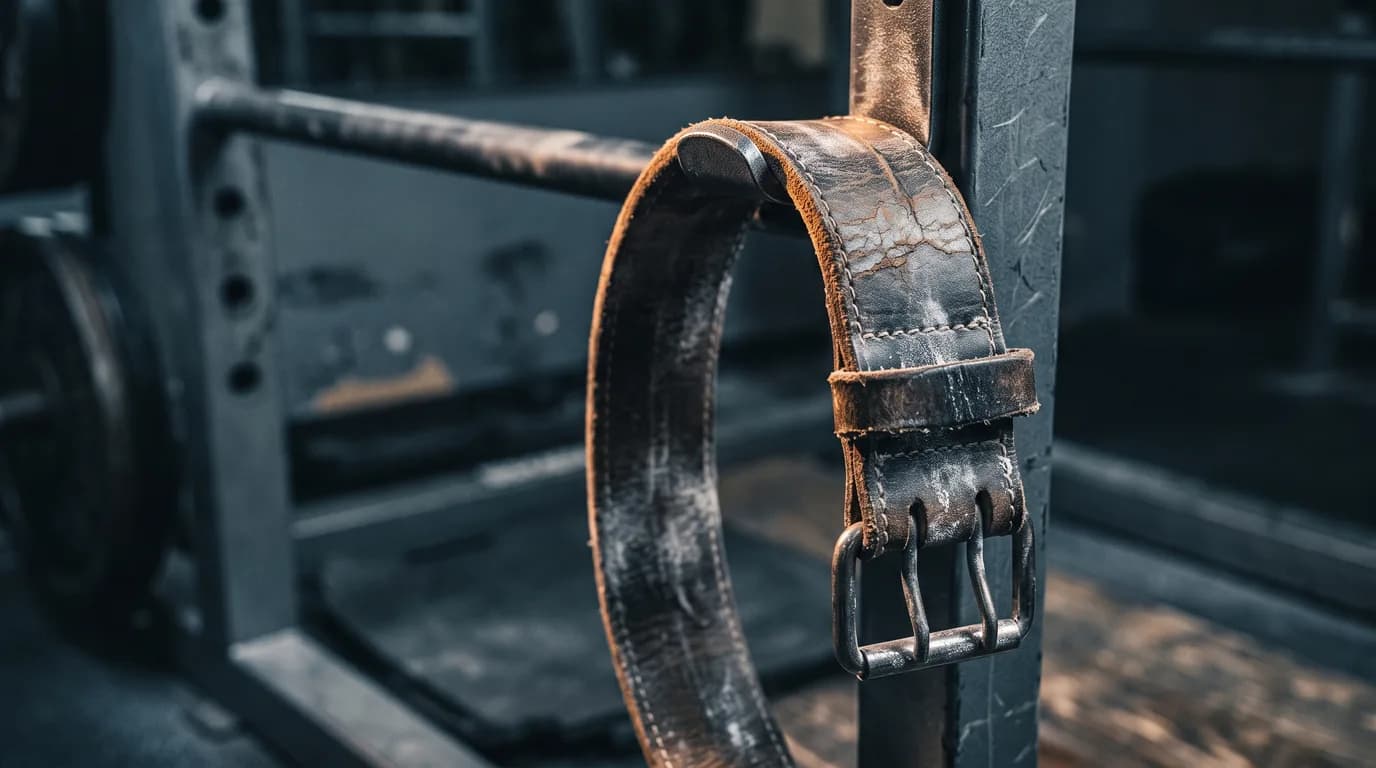 A worn leather lifting belt hanging on a rack hook