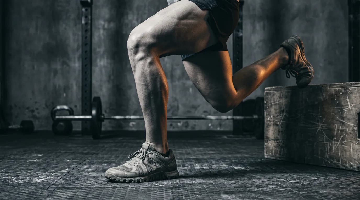 A lifter at the bottom of a split squat in a dark gym