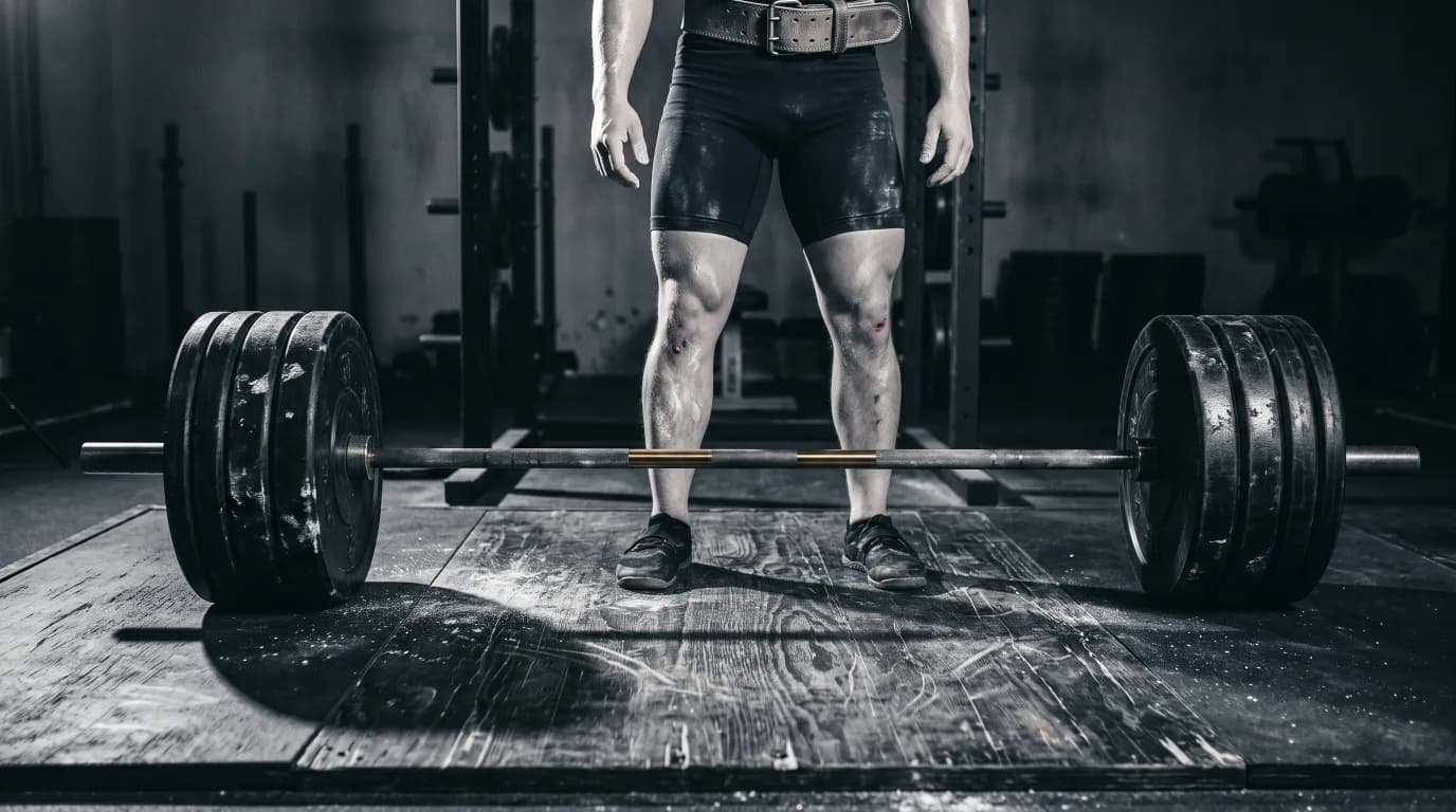 A loaded barbell resting on a gym platform