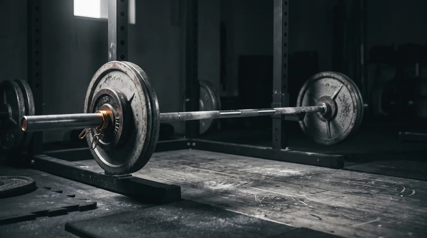 A loaded barbell resting in a squat rack