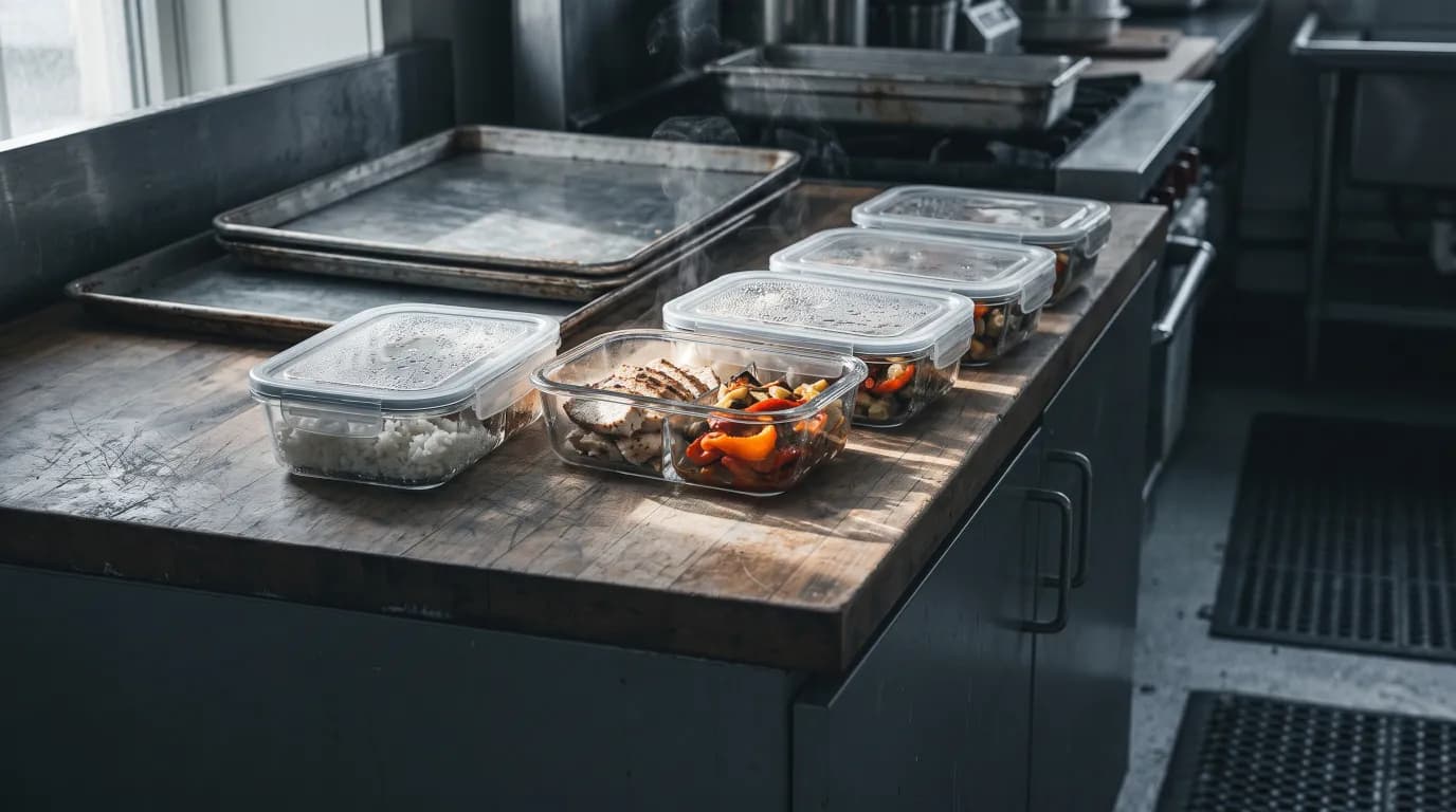 Cooked food portioned into containers on a worktop