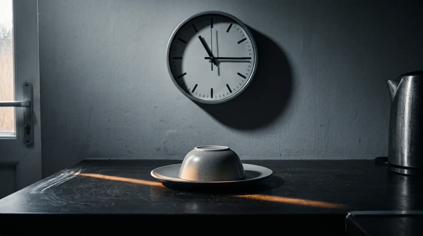 A kitchen clock above a covered plate