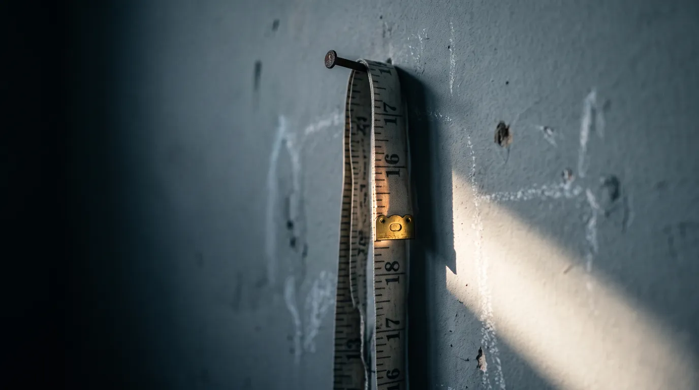 A cloth tape measure hanging from a nail on a bare wall