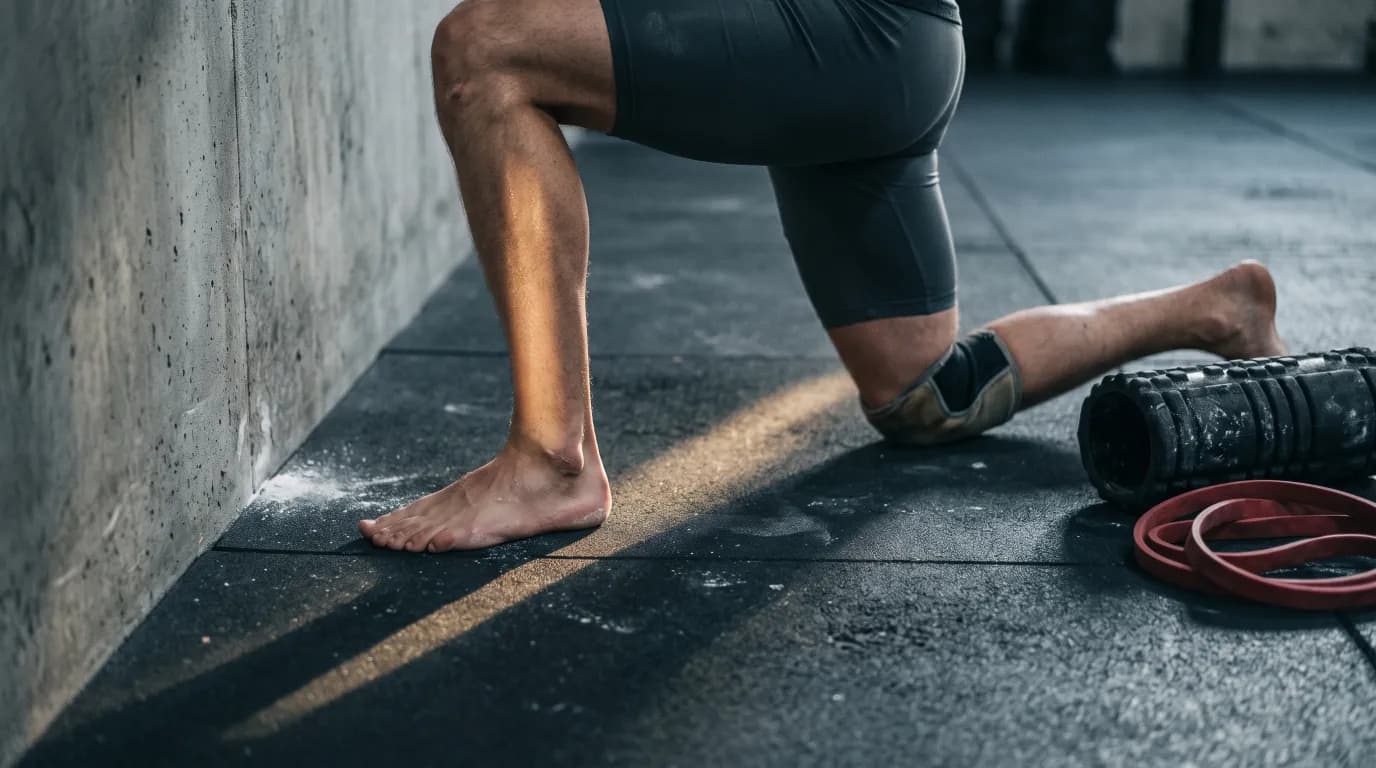 A lifter stretching an ankle against a gym wall