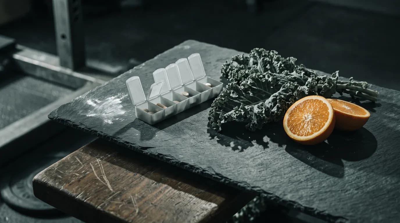 A weekly pill organiser beside a bunch of dark leafy greens