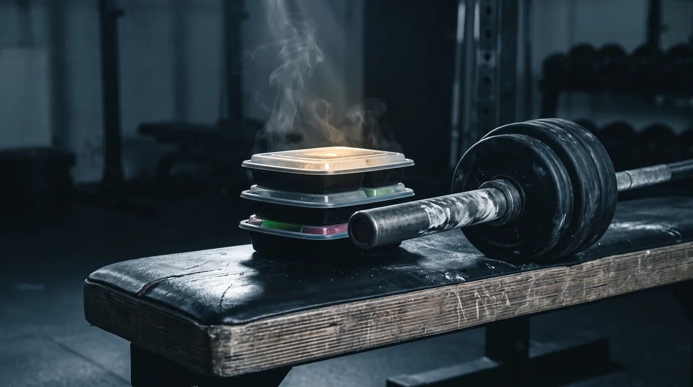 A meal container beside a loaded barbell on a bench