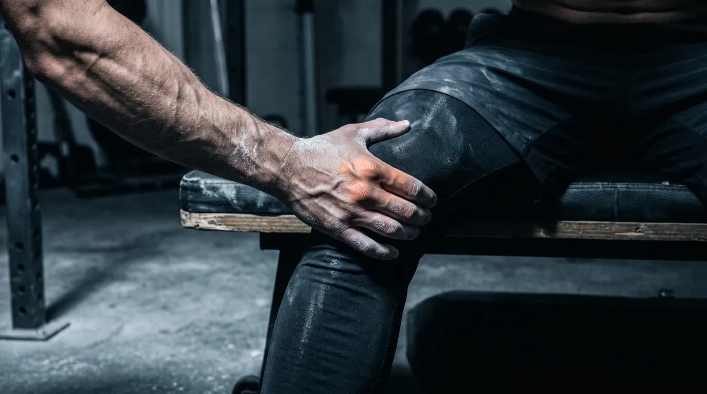A hand pressing into the side of a knee at a weight bench