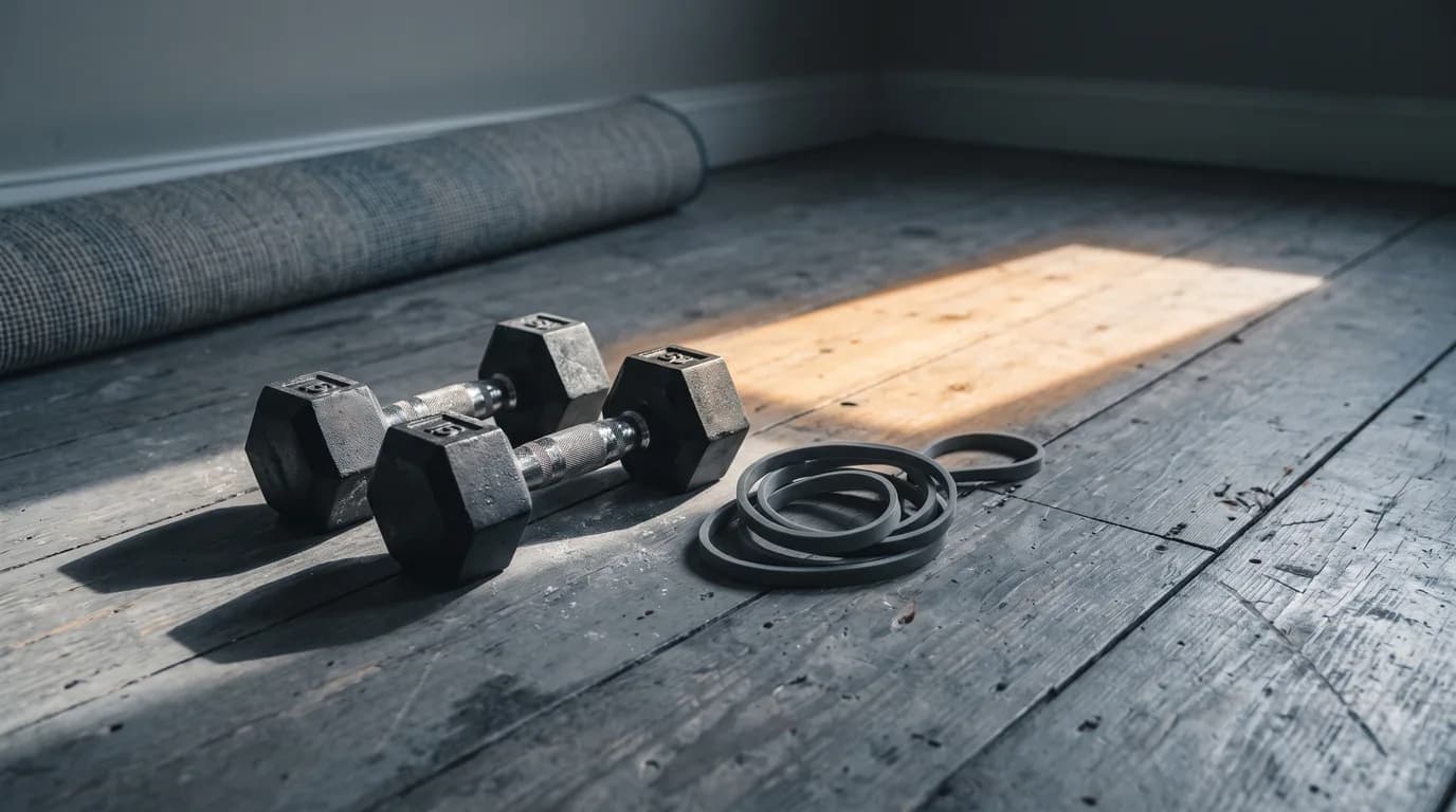 A pair of dumbbells and a band on a living-room floor